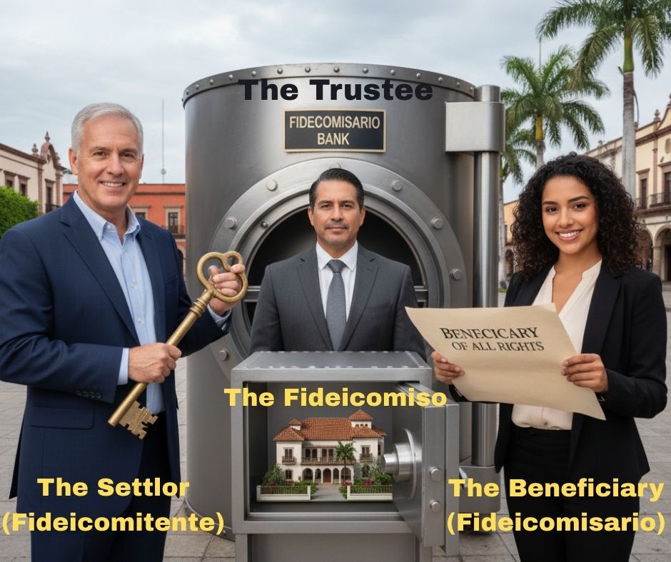 Diagram illustrating the three parties of a Mexican fideicomiso: the Settlor (seller), the Trustee (bank), and the Beneficiary (buyer).