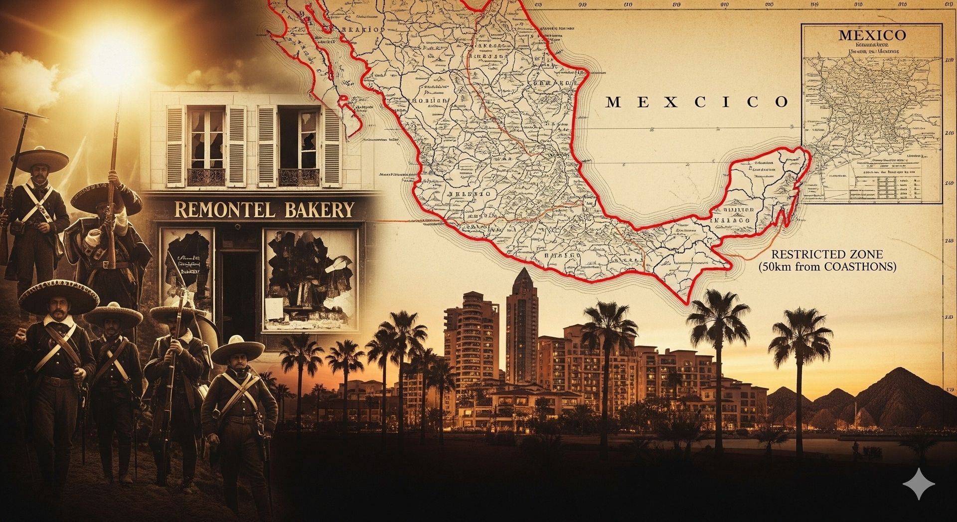 A historical collage in sepia showing the story of the fideicomiso: Mexican revolutionaries, a French pastry shop, and a map of Mexico's Restricted Zone.