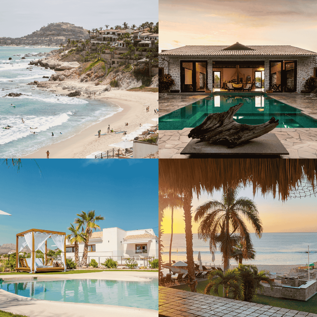 A stylized map of Los Cabos matching locations to goals