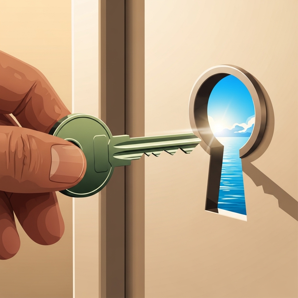 A key unlocking a door, symbolizing readiness to move forward
