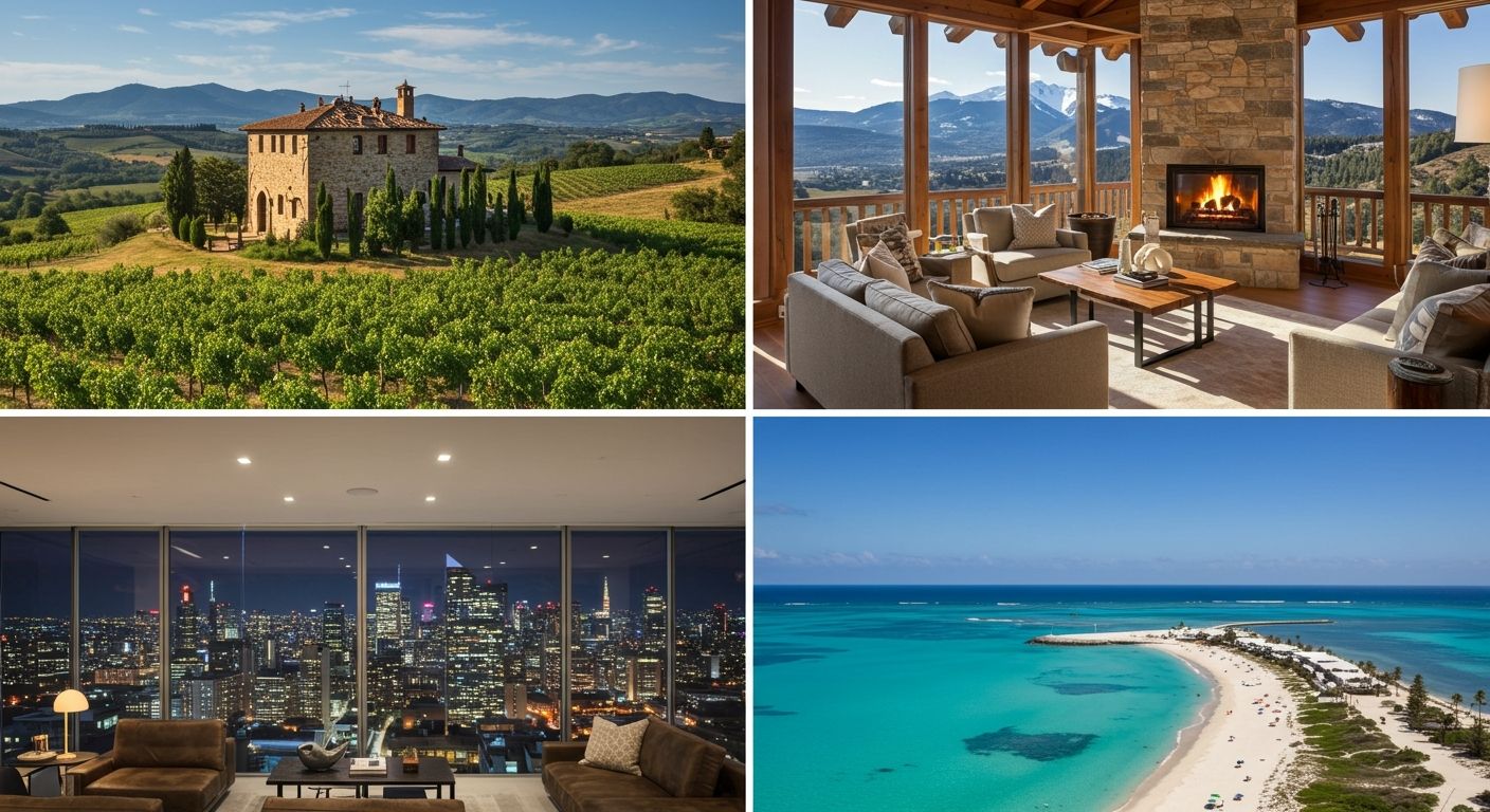 Collage of global destinations available through the Elite Alliance vacation home exchange program, including Tuscany, Aspen, and the Caribbean.