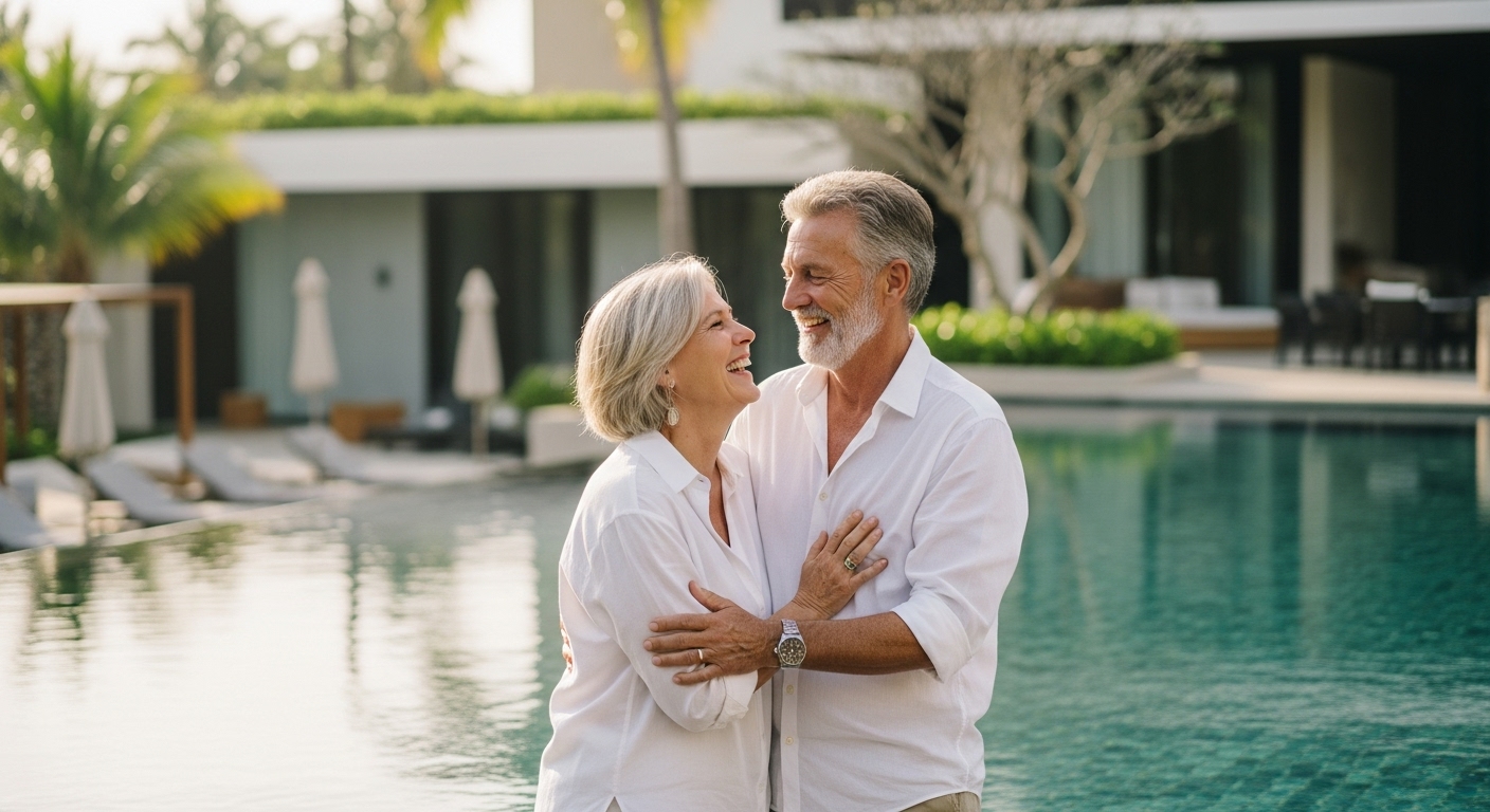 Happy couple enjoying the benefits of fractional ownership at a luxury resort pool, showcasing a hassle-free vacation lifestyle.