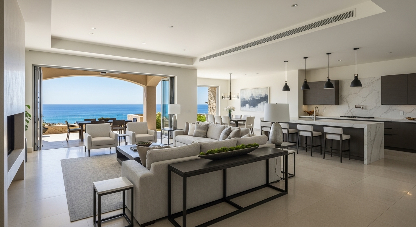 Turnkey luxury living room at Oceana Residence Club with modern furnishings and a panoramic ocean view in Los Cabos.